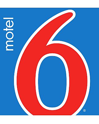 The image shows the Motel 6 logo, featuring a large red number 6 on a blue background with the word "motel" in white.