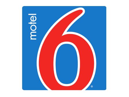 The image shows the Motel 6 logo, featuring a large red number 6 on a blue background with the word "motel" in white.